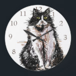 Grande Horloge Ronde Clock de Tuxedo<br><div class="desc">Tuxedo Cat Cute Watercolour Painting Decor Room Decor Clock. Designed from my original ink drawing art.</div>