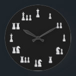 Grande Horloge Ronde Clock de White Chess<br><div class="desc">Wall Clock with the white chess pieces against a black background,  representing their real value on chess. Totally customizable.</div>