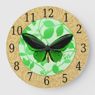 Grande Horloge Ronde Clock Green Butterfly on Green Leaves
