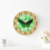 Grande Horloge Ronde Clock Green Butterfly on Green Leaves (Maison)