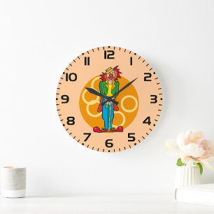 Grande Horloge Ronde Clown de dessin Whimsical aux couleurs vives