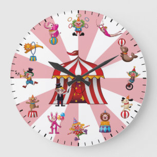 Grande Horloge Ronde Clowns de cirque mignons et thème animalier