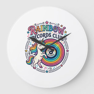 Grande Horloge Ronde Club de disques Licorne Arc-en-ciel Fond Blanc Mig