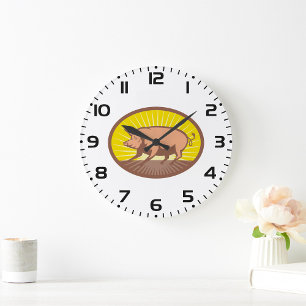 Grande Horloge Ronde Cochon de ferme rétro avec Sunburst
