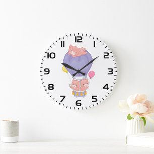 Grande Horloge Ronde Cochons volants en montgolfière