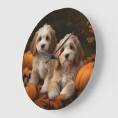 Grande Horloge Ronde Cockapoo Puppy Citrouille d'automne (Angle)