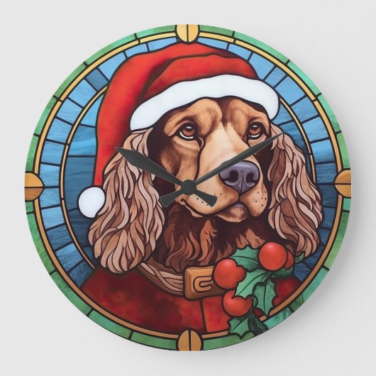 Grande Horloge Ronde Cocker Spaniel Vitrail de Noël (Recto)