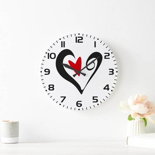 Grande Horloge Ronde Coeur Abstrait rouge et noir Romantique moderne