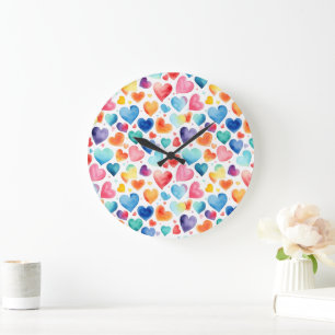Grande Horloge Ronde Cœur Aquarelle Coloré Mignon Amour Romantique