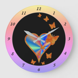 Grande Horloge Ronde Coeur arc-en-ciel et papillon