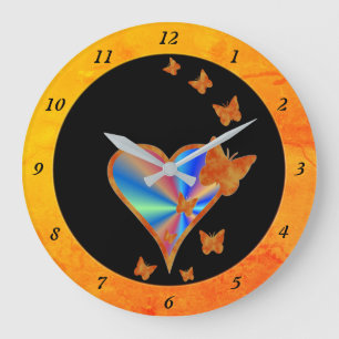 Grande Horloge Ronde Coeur arc-en-ciel et papillon