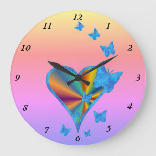 Grande Horloge Ronde Coeur arc-en-ciel et papillon