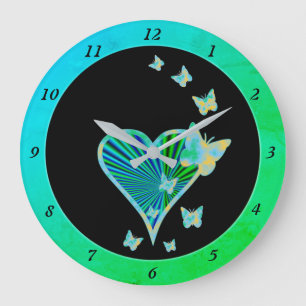 Grande Horloge Ronde Coeur arc-en-ciel et papillon
