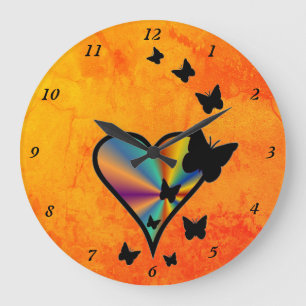Grande Horloge Ronde Coeur arc-en-ciel et papillon