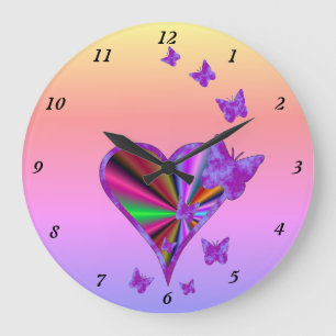 Grande Horloge Ronde Coeur arc-en-ciel et papillon