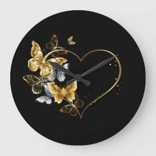 Grande Horloge Ronde Coeur aux papillons d'or