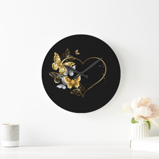 Grande Horloge Ronde Coeur aux papillons d'or (Maison)