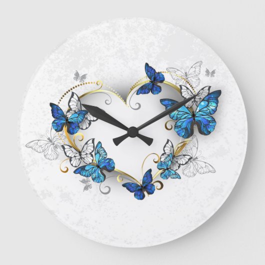 Grande Horloge Ronde Coeur bijoux avec papillons Morpho (Recto)
