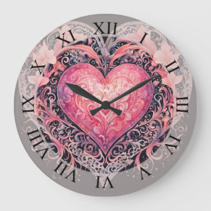 Grande Horloge Ronde Cœur de la Saint-Valentin Fleurs Roses Ornements