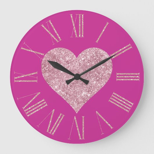Grande Horloge Ronde Coeur de Parties scintillant rose sur Fuchsia (Recto)