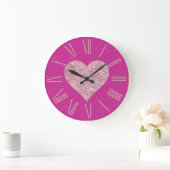 Grande Horloge Ronde Coeur de Parties scintillant rose sur Fuchsia (Maison)