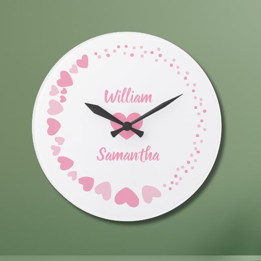Grande Horloge Ronde Cœur romantique personnalisé avec noms de couple e