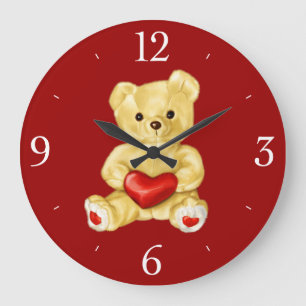 Grande Horloge Ronde Coeur rouge hypnotisant l'ours de nounours mignon