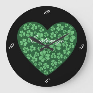 Grande Horloge Ronde coeur Shamrock vert Saint Patrick's Day