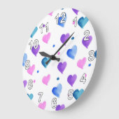 Grande Horloge Ronde Coeurs Aquarelle Points Rose Bleu Violet (Angle)
