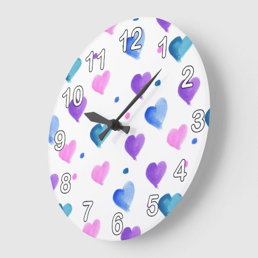 Grande Horloge Ronde Coeurs Aquarelle Points Rose Bleu Violet (Angle)
