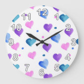Grande Horloge Ronde Coeurs Aquarelle Points Rose Bleu Violet (Recto)