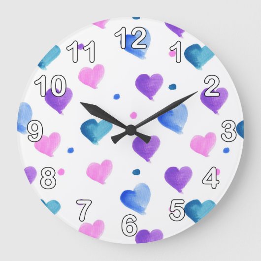 Grande Horloge Ronde Coeurs Aquarelle Points Rose Bleu Violet (Recto)
