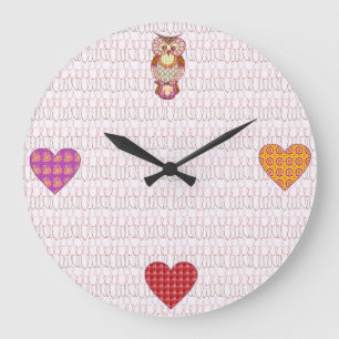Grande Horloge Ronde Coeurs de hibou de patchwork