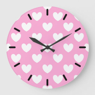 Grande Horloge Ronde Coeurs de polka blanc sur Cotton Candy rose
