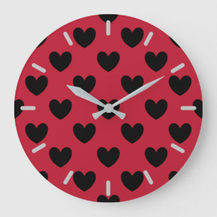 Grande Horloge Ronde Coeurs de polka noir sur rouge