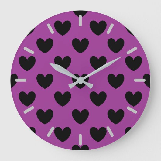 Grande Horloge Ronde Coeurs de polka noir sur violet (Recto)