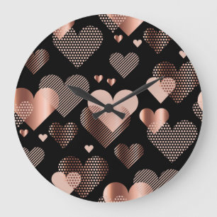 Grande Horloge Ronde Coeurs d'or rose, noir vintage.