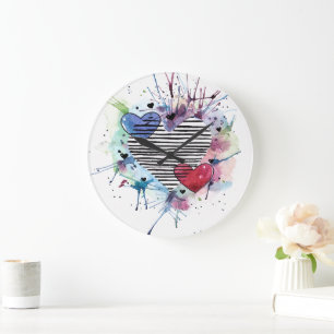 Grande Horloge Ronde Coeurs Et Lavages Dans L'Aquarelle