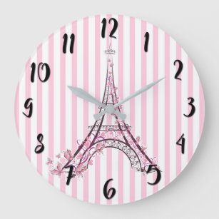 Grande Horloge Ronde Coeurs et papillons roses Paris Tour Eiffel