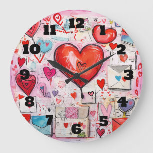Grande Horloge Ronde Coeurs lunaires et lettres d'amour Motif