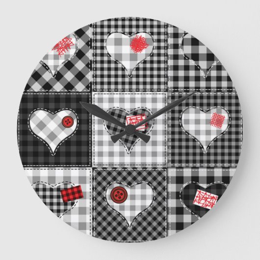 Grande Horloge Ronde Coeurs Noir Blanc Patchwork Sans Couleur. (Recto)