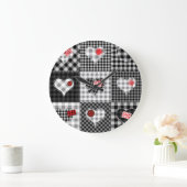 Grande Horloge Ronde Coeurs Noir Blanc Patchwork Sans Couleur. (Maison)