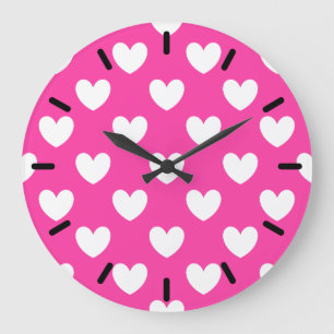 Grande Horloge Ronde Coeurs polka blanc sur rose fuchsia