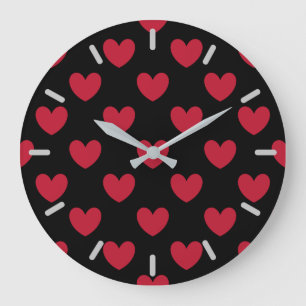 Grande Horloge Ronde Coeurs polka rouge sur noir