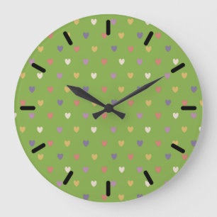Grande Horloge Ronde Coeurs Polka sur vert vert