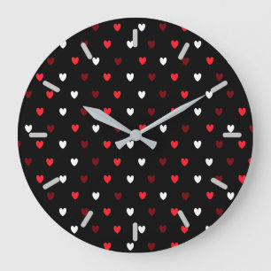 Grande Horloge Ronde Coeurs rouge et blanc sur noir