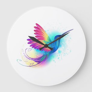 Grande Horloge Ronde Colibri arc-en-ciel exotique