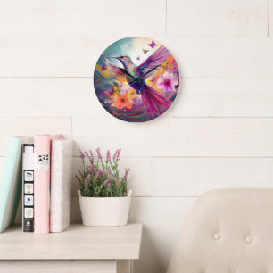 Grande Horloge Ronde Colibri Paradise rose et pourpre