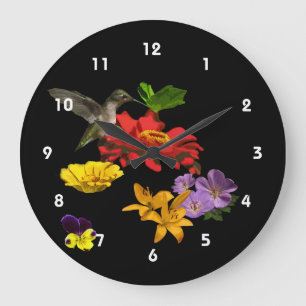 Grande Horloge Ronde Colibri sur Fleurs