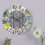 Grande Horloge Ronde Collage de 12 photos personnalisées Gris Bois rond<br><div class="desc">Créez votre propre horloge murale unique. Le modèle photo est configuré pour vous permettre d'ajouter 12 de vos photos préférées. Ajoutez vos images qui fonctionnent dans le sens des aiguilles d'une montre et changez-les pour obtenir le look que vous voulez. Ce design en bois gris et noir a des chiffres...</div>